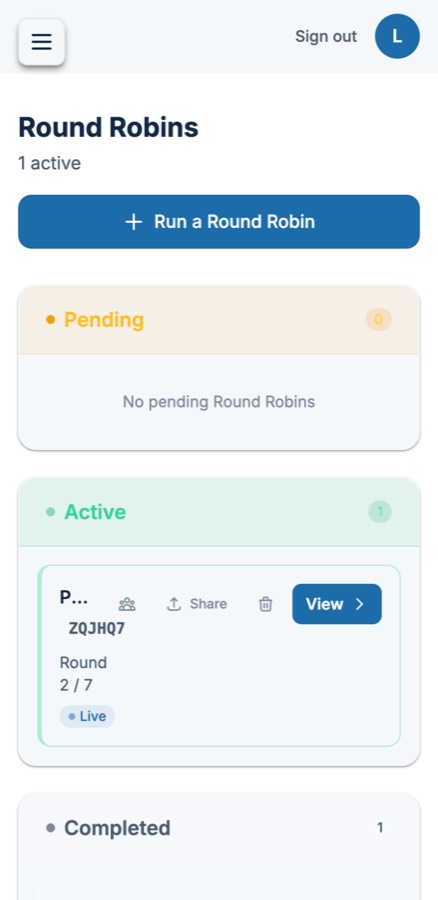 The organizer's Round Robins screen with a Run a Round Robin button and one active event on Round 2 of 7.