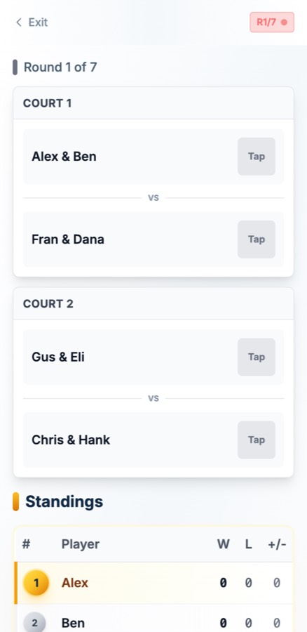 A round on the organizer's phone: Court 1 and Court 2 each show two teams with a Tap box for the score, and the standings sit below.
