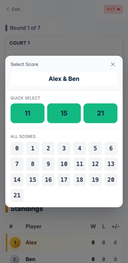 A score picker with quick select buttons for 11, 15 and 21 and a grid of scores from 0 to 21.